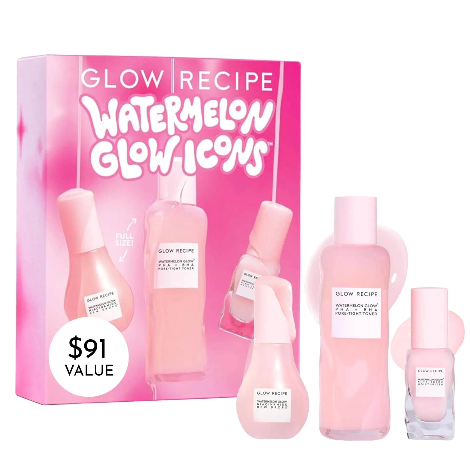 Glow Recipe Watermelon Glow Icons Skin Care Gift Set - Niacinamide Dew Drops Face Serum + PHA + BHA Pore Minimizing Toner with Hyaluronic Acid + Pink Juice Facial Moisturizer (3 Count)